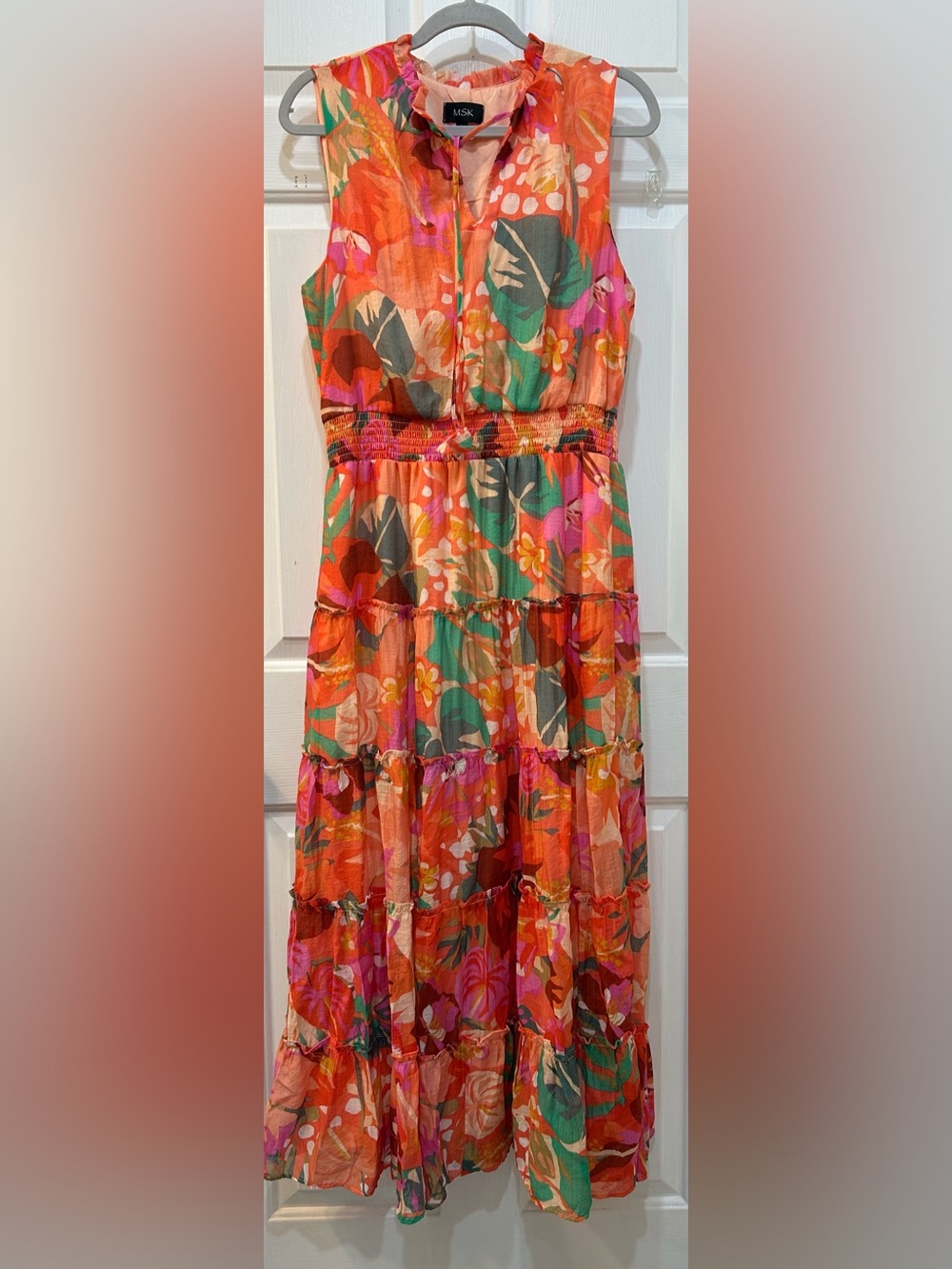 MSK Tiered Summer Floral Maxi Dress Sz L Colorful Sleeveless Smocked Tropical